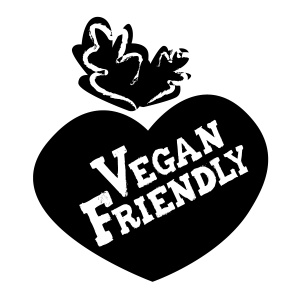 Vegan Friendly image of a black heart with white writing inside it saying Vegan Friendly.